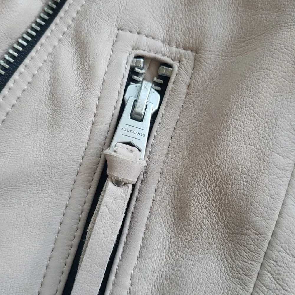 All Saints Pale Pink Cream Leather Chic Edgy Feminine Cropped Elora Biker Size 6 - Picture 7 of 13